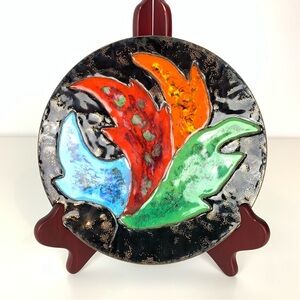 Enamel On Copper Plate Signed Artist 70 Leaf Flames Multicolor Vibrant Vtg MCM